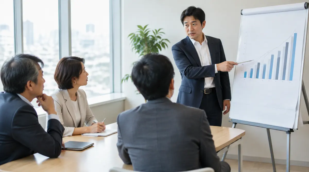 投資家に向けて事業の数字を説明する人