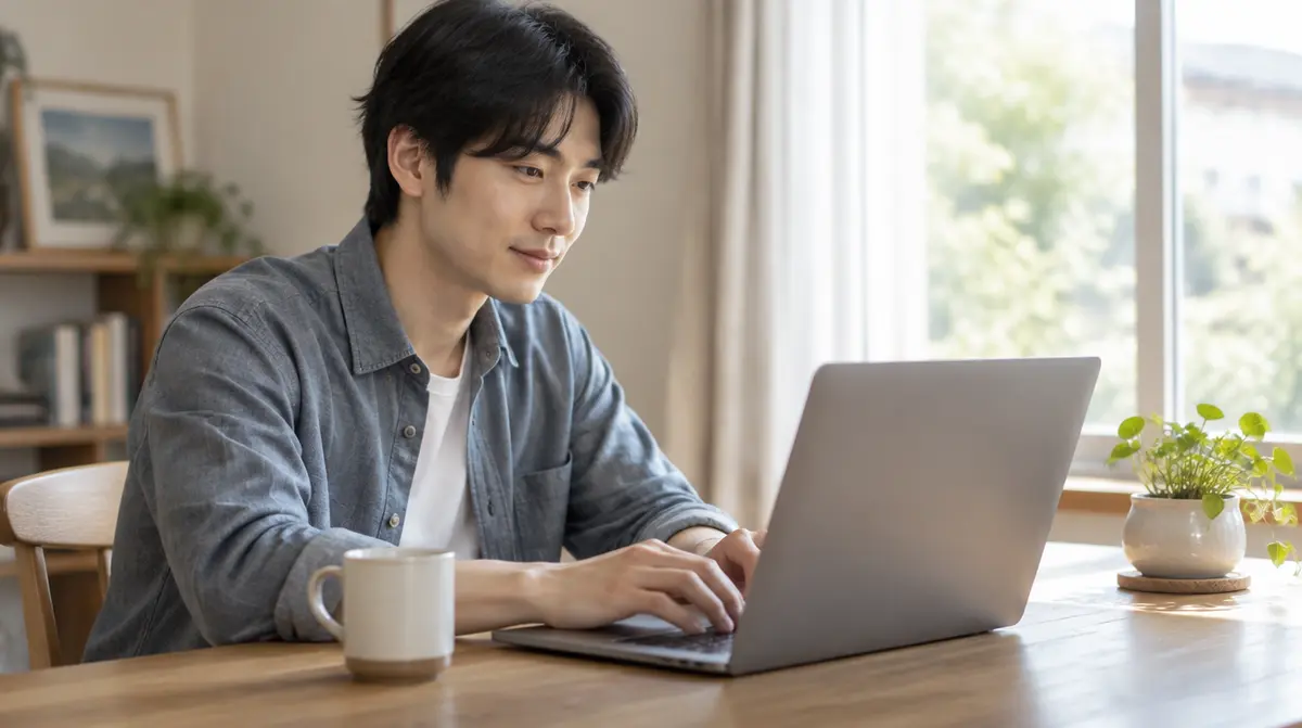 自宅のパソコンからインターネットで仕事のソフトを使っている場面