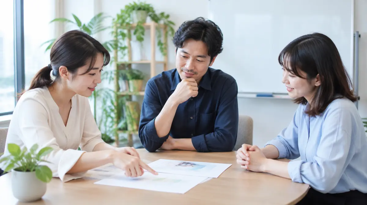小さな会議室で書類を見ながら話し合う3人のチーム
