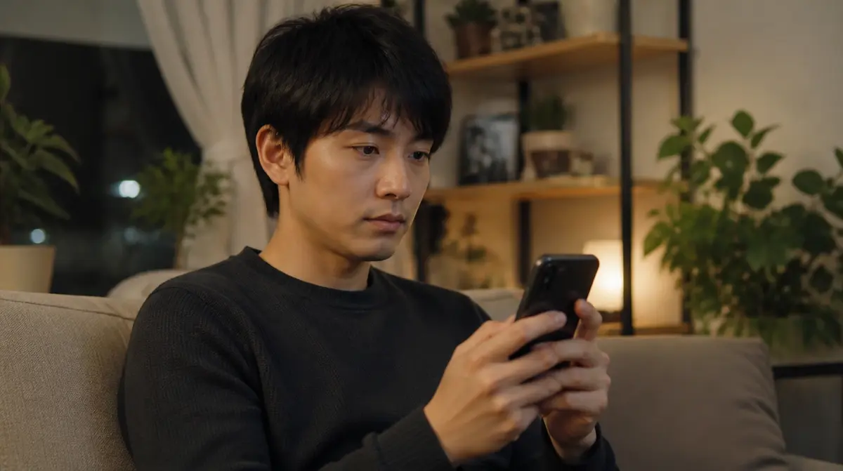 自宅で求人の仕事内容を読んでいる場面