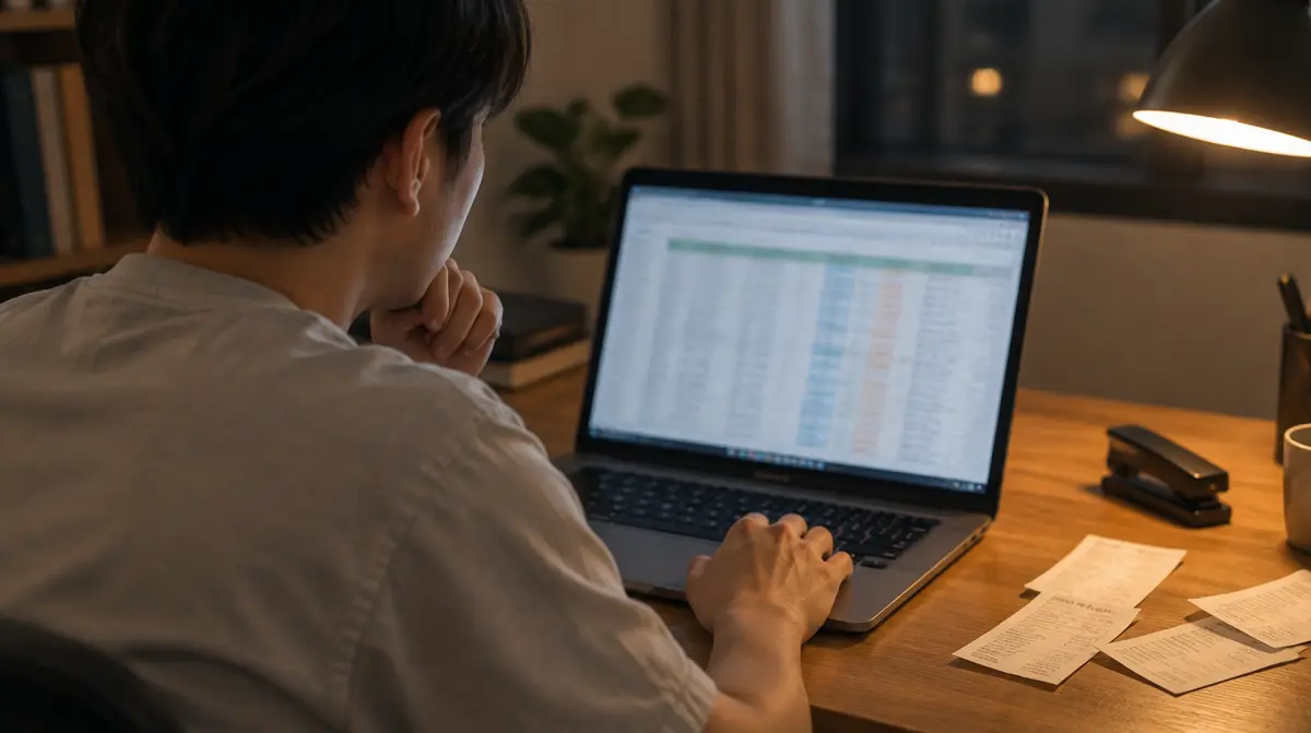 夜のデスクで表計算ソフトの数字を確かめている経理担当者