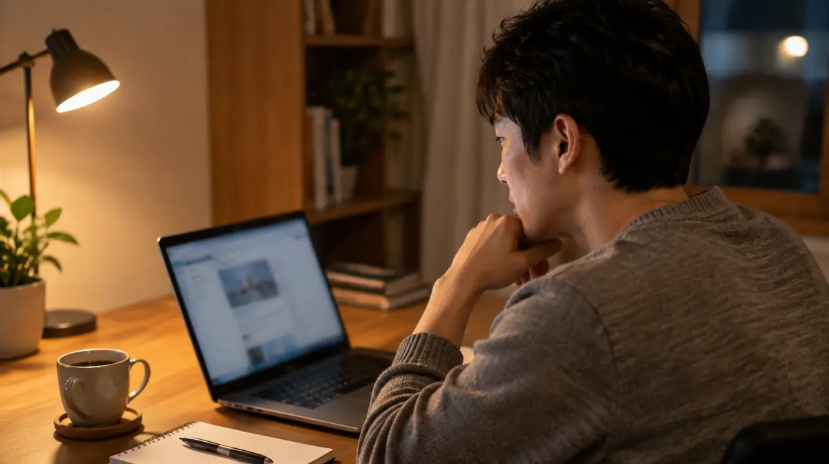 自宅でパソコンで求人を読んでいる場面