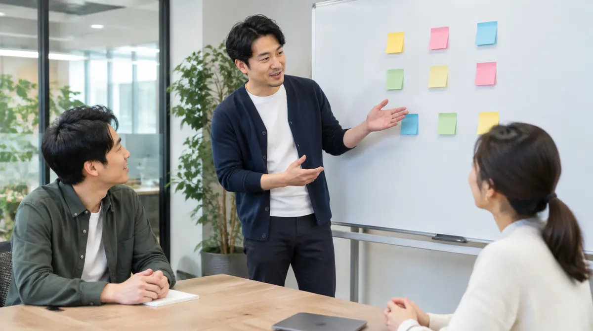 会議で仕組みを説明している場面