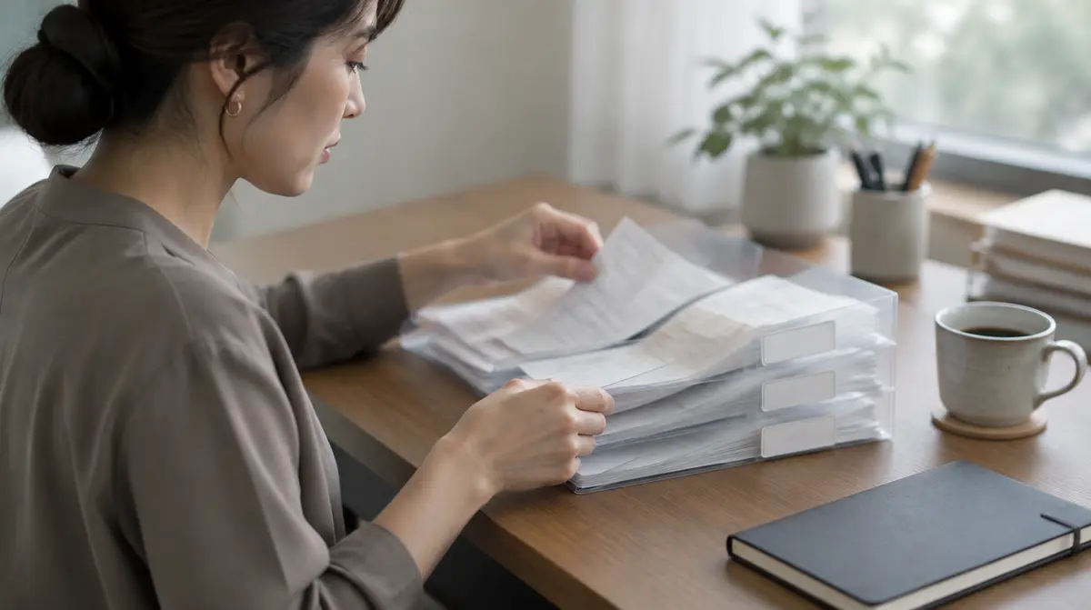 受け取った請求書や領収書をファイルに分けている経理担当者