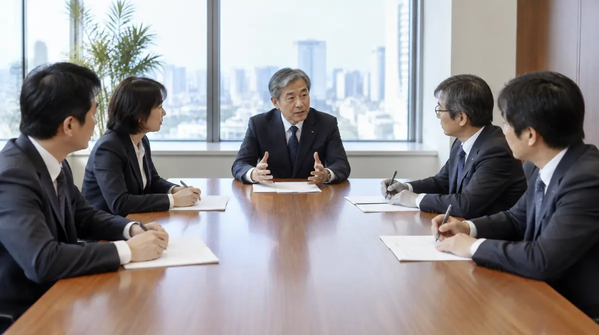 取締役会で、取締役たちが会社の方針を話し合っている場面