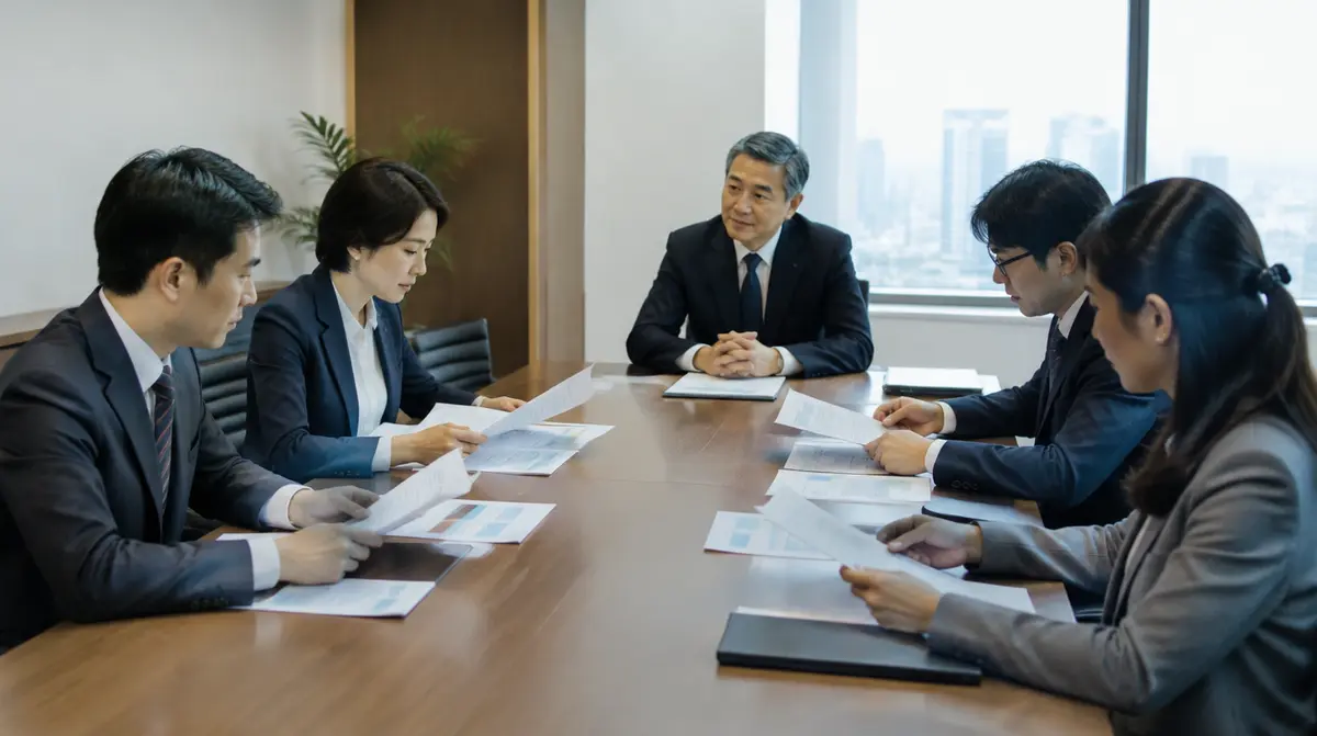 大企業の会議室で資料を囲んで話し合う社員たち