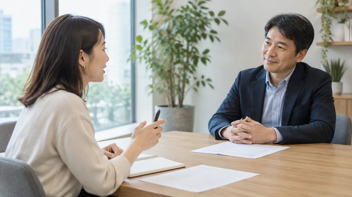 面接で、応募者が面接官に給与の条件を質問している場面