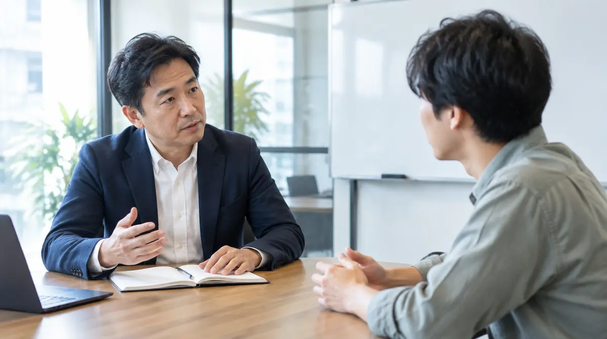 40代の男性が、スタートアップの面談で代表に質問している場面