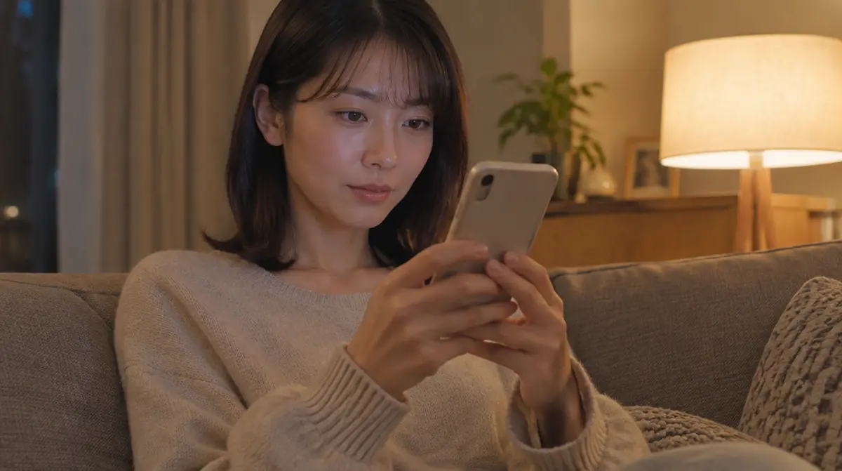 自宅のソファでスマートフォンの求人を読む人