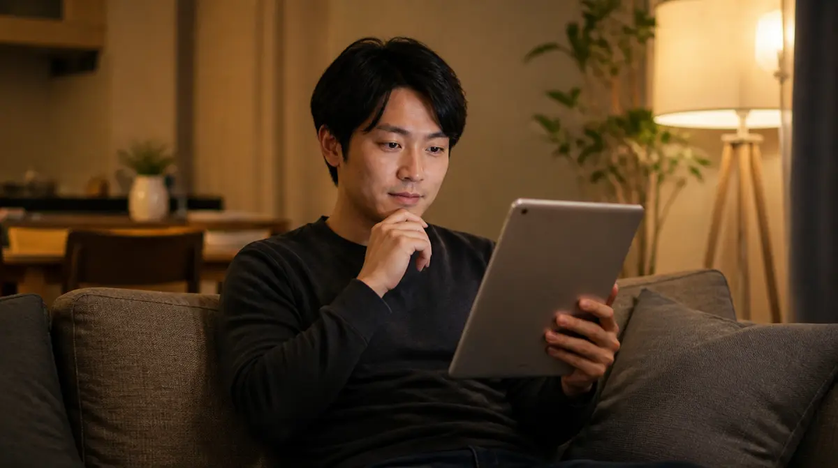 自宅でタブレットを見ながら求人を探している場面