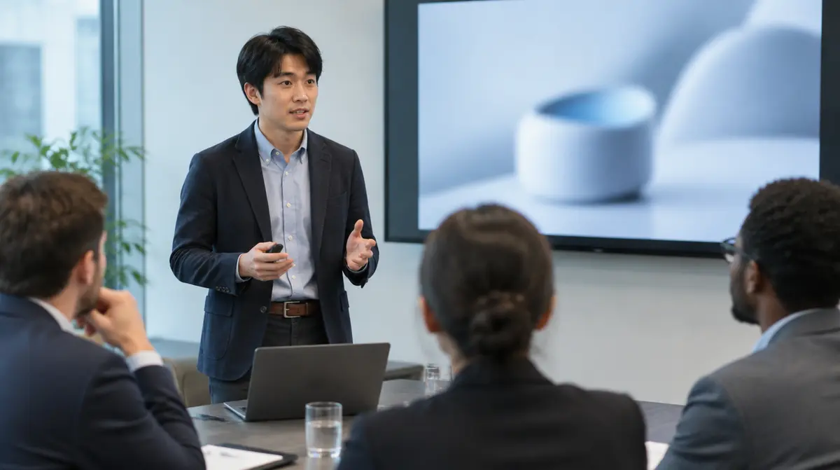 入社したばかりの社員が海外の会社の人たちにプレゼンしている場面