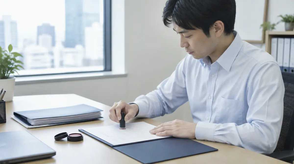 デスクで契約書に会社の印を押している総務の担当者