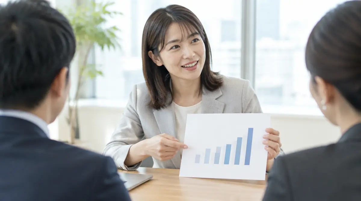 取引先に資料を見せて説明している場面