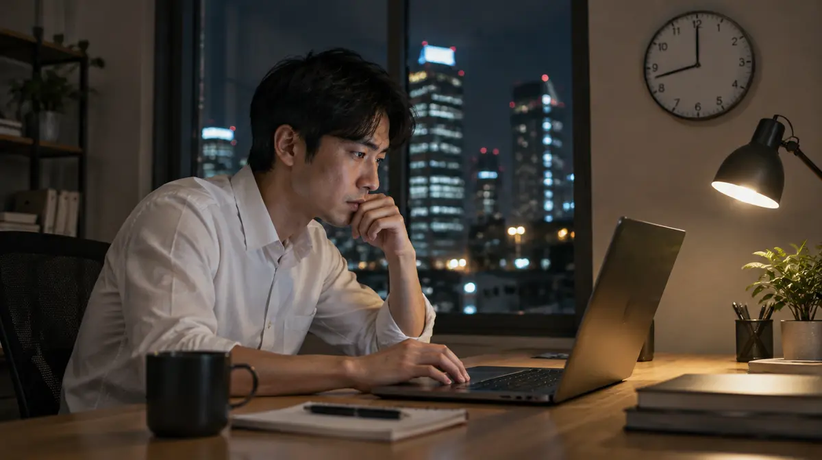 夜のオフィスで、男性がノートパソコンに向かって残業している場面