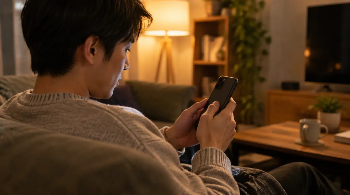 自宅のソファでスマートフォンを見ながら求人を探している場面