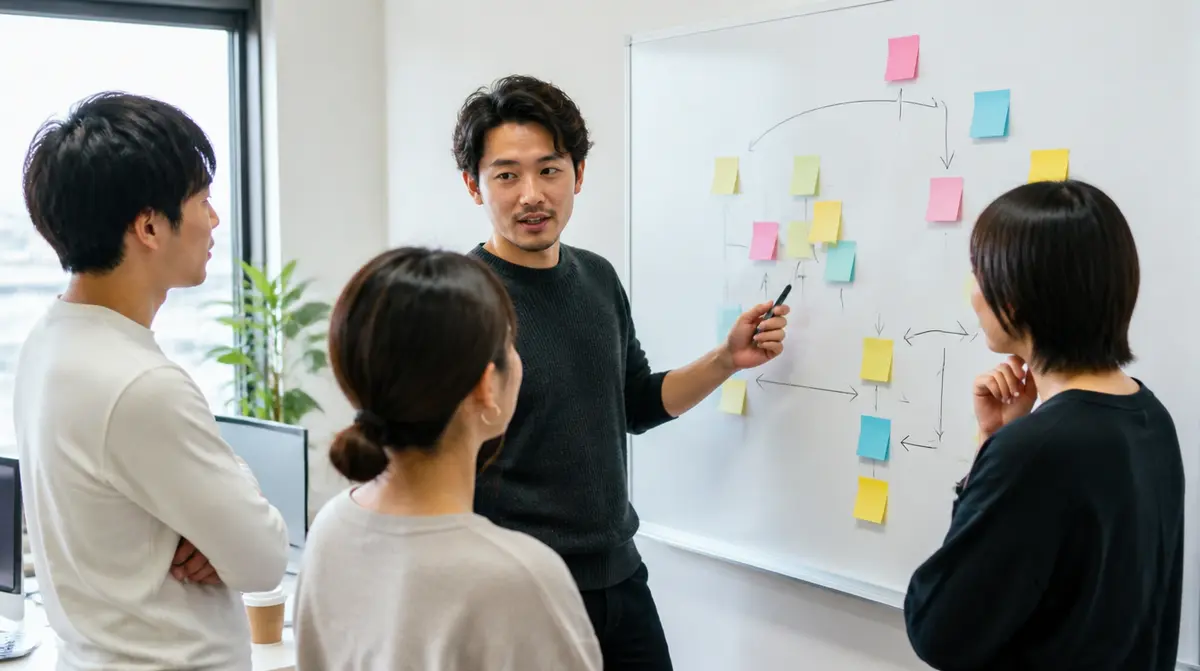 チームでホワイトボードを使って段取りを話し合っている場面