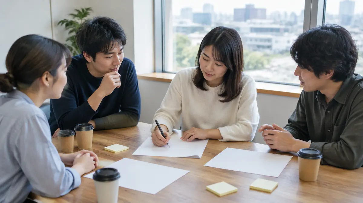 チームで紙と付箋を囲んで目標を話し合っている場面