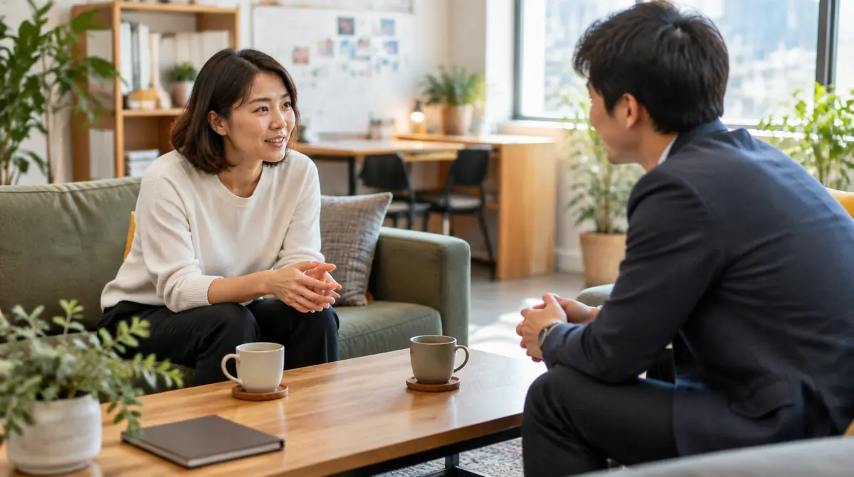 スタートアップの代表が候補者と気軽に話している場面
