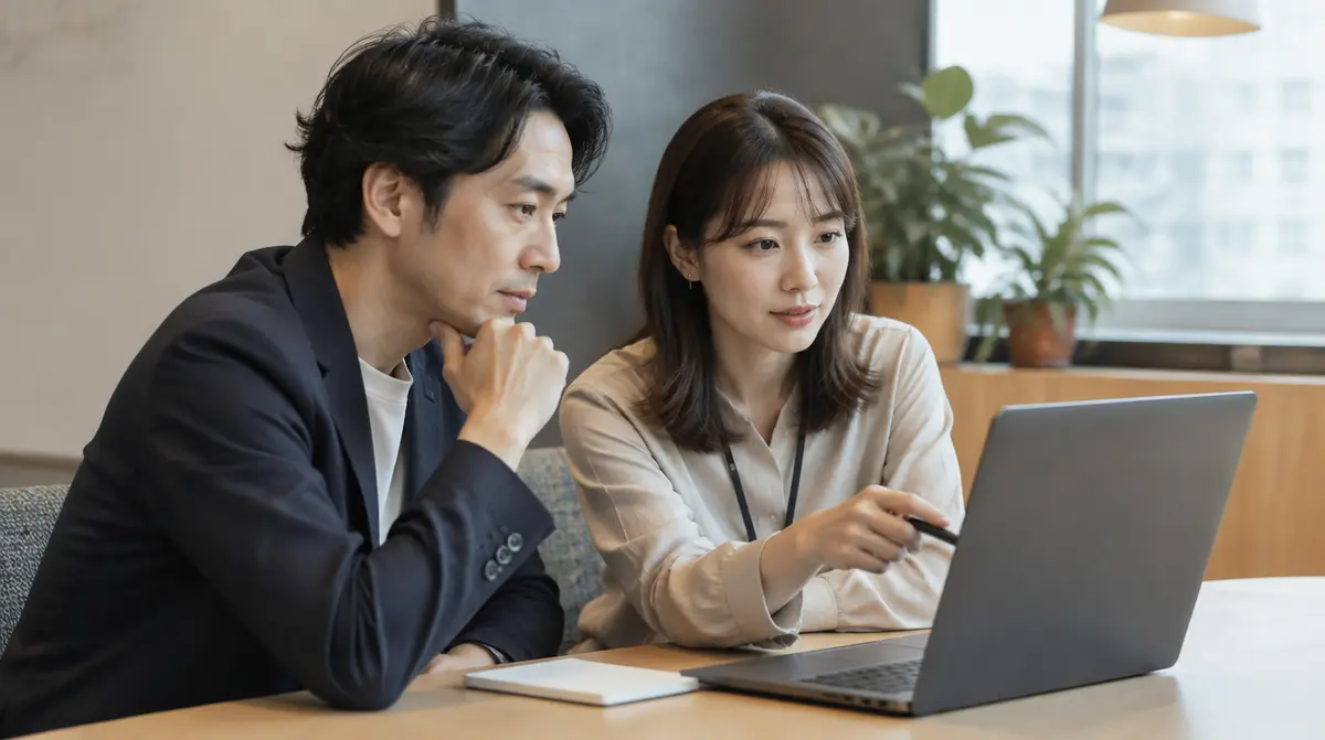 事業の責任者とHRBPがパソコンの画面を見ながら話す場面