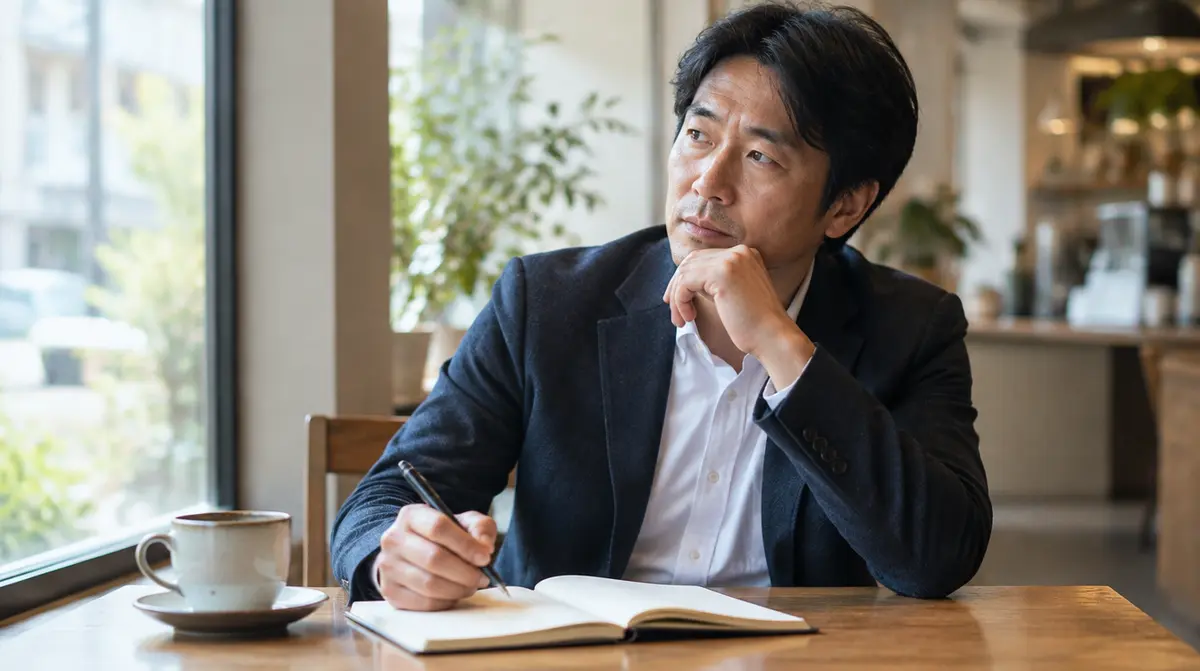 40代の男性が、ノートを前に転職先の選び方を考えている場面