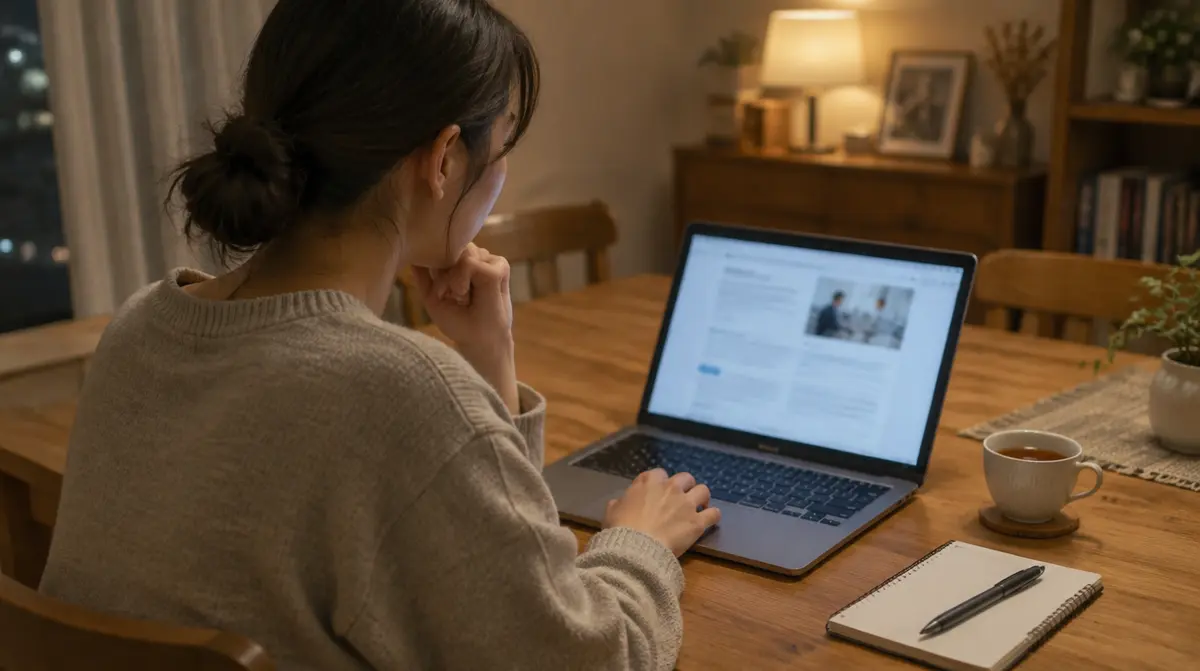 自宅でノートパソコンを使って求人の必須条件を読んでいる場面