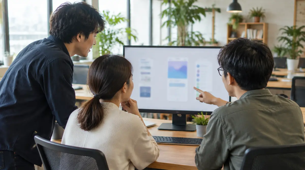 自社のオフィスで、エンジニアのチームが1つの画面を見ながら話し合っている場面