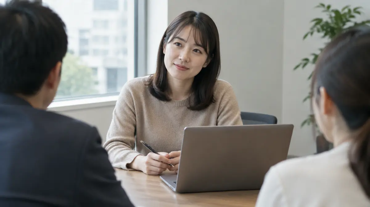会議室でノートパソコンを前に同僚の話を聞く総務の担当者
