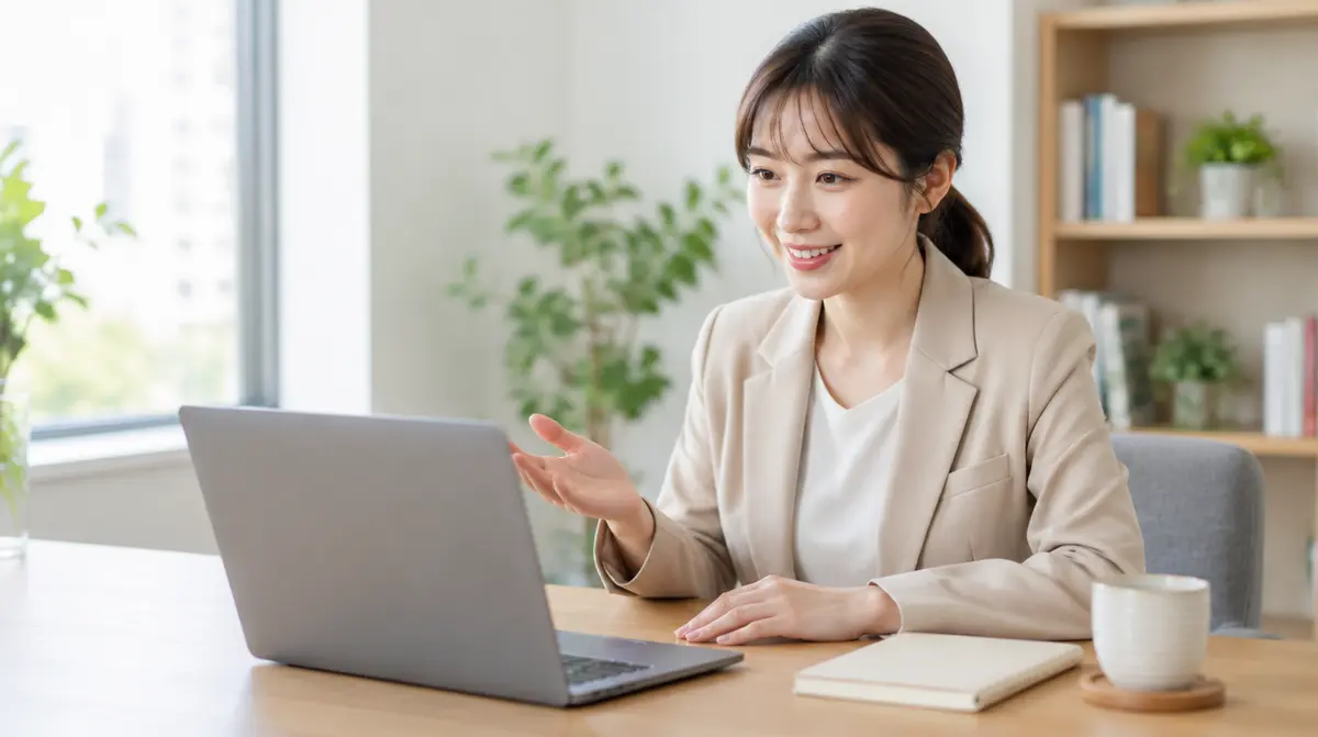 顧客とオンラインで話しながら説明している場面