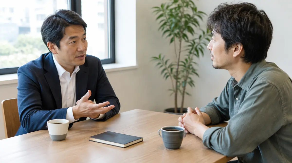 面談で、候補者が会社の代表に質問している場面