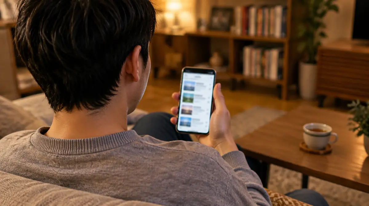 自宅でスマートフォンで求人を読んでいる場面