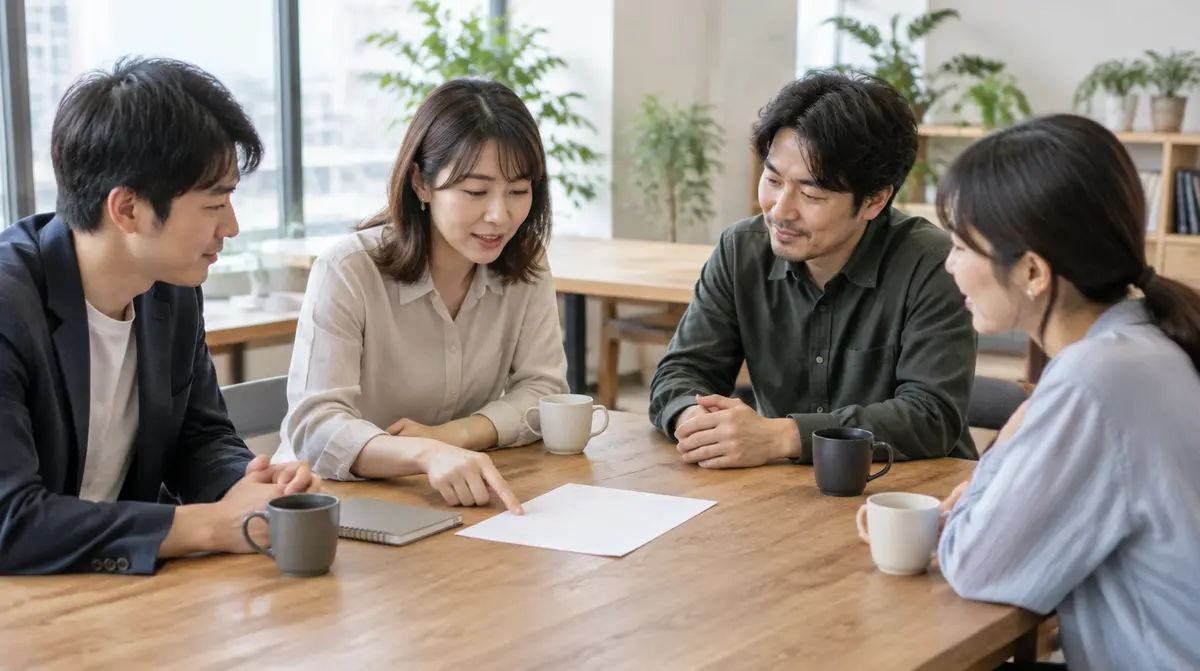 スタートアップのオフィスでチームが紙の資料を囲んで話す場面