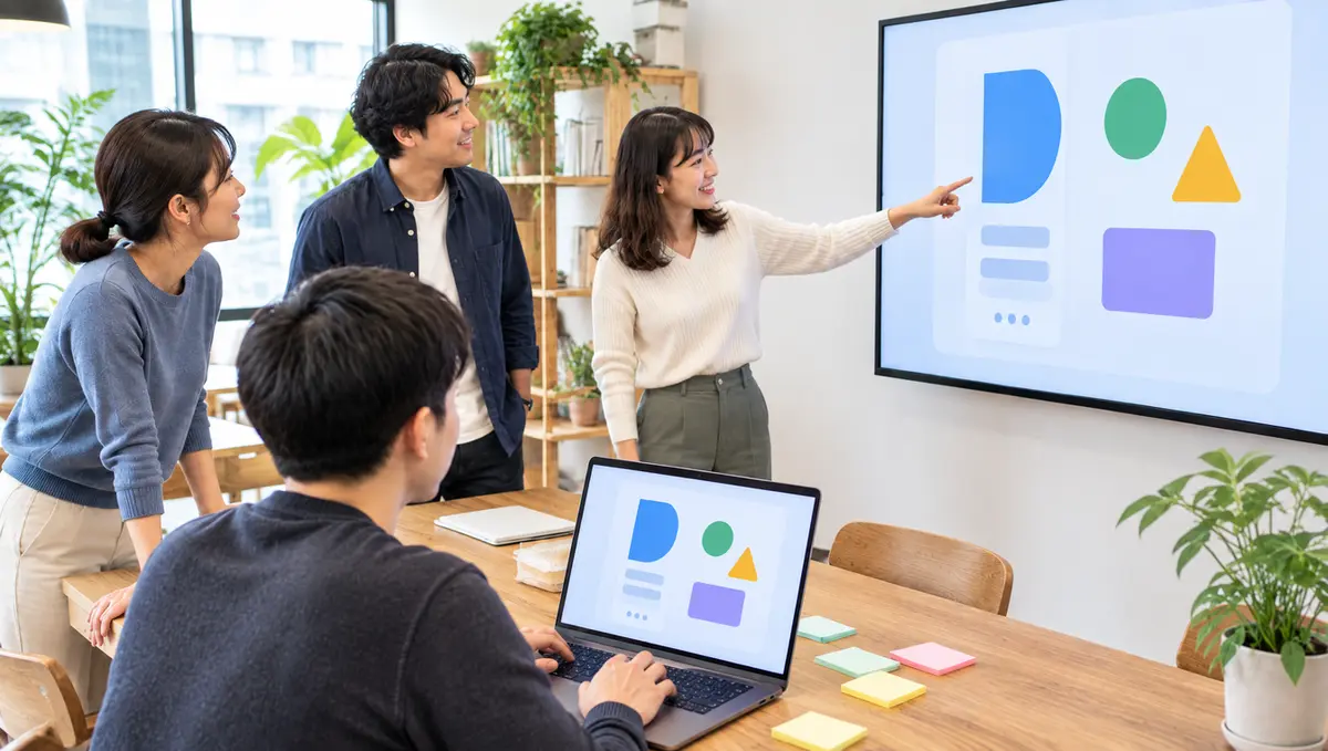 自社のオフィスで、エンジニアのチームが大きな画面を見ながら話し合っている場面