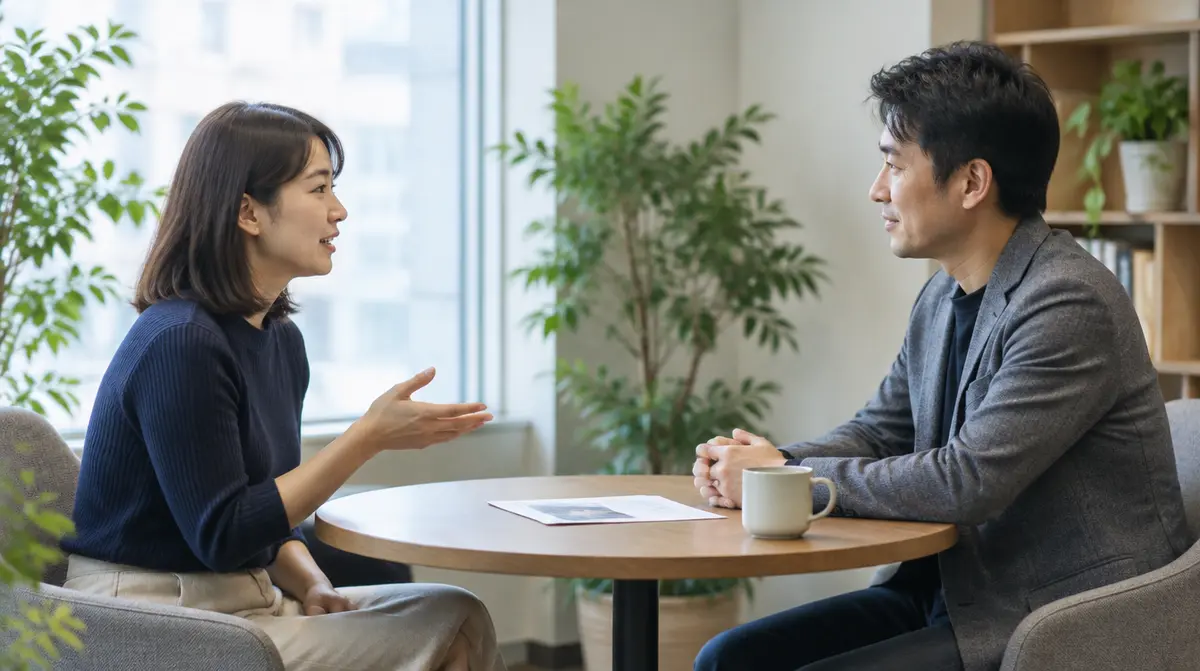 上司とメンバーが向かい合って話している場面
