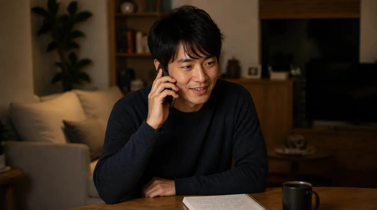 自宅で推薦者に電話で依頼している場面