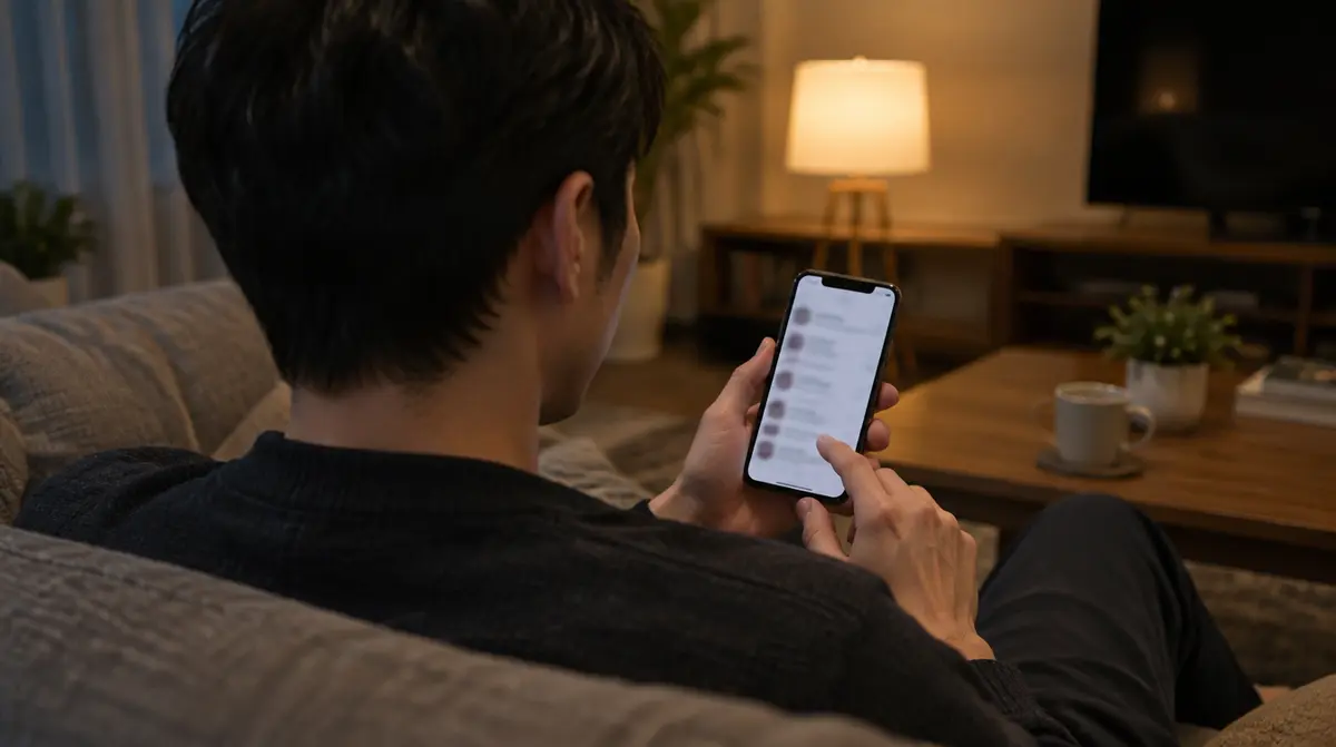 自宅のソファでスマートフォンの求人を読んでいる人