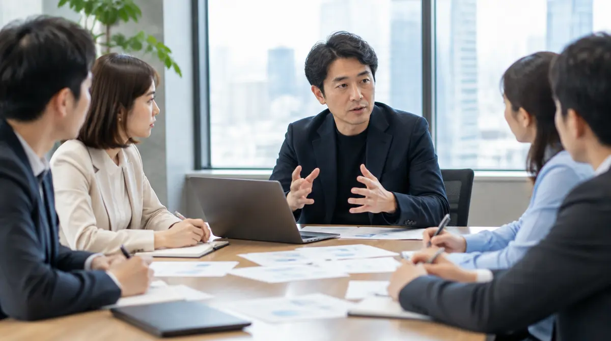 役員が会議で話し合っている場面