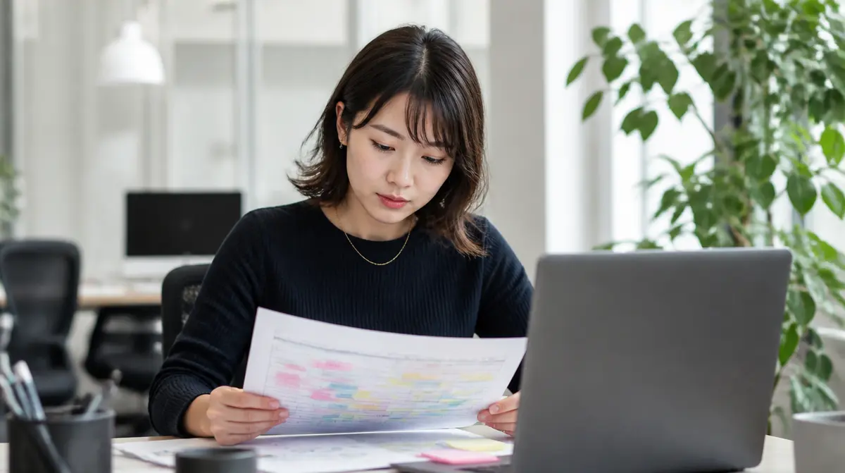 プロジェクトの予定表を見ながら作業している場面