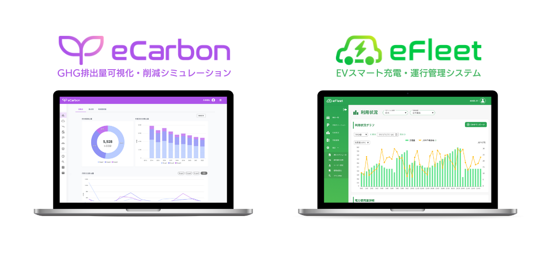 アークエルテクノロジーズの提供するサービス。 GHG排出量可視化・削減シミュレーション「eCarbon」と EVスマート充電・運行管理システム「eFleet」